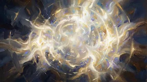 Abstract representation of Eru Iluvatar as pure radiant light in the formless void, not as a figure but as presence itself. Brilliant white-gold luminescence fills the frame, emanating outward in all…