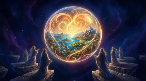 The Vision of Ea appearing in the Void - a globe of light with a living heart of flame at its center. Within this vision, the world takes shape: mountains thrust upward from plains, oceans fill their…