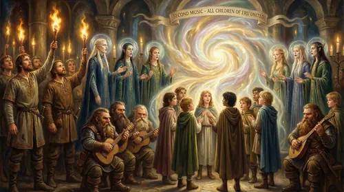 The participants in the Second Music: Men bringing the gift of mortality, their brief flames burning bright with meaning. Elves with voices refined by ages of joy and sorrow, silver and gold. Dwarves…