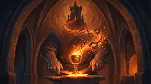 A massive forge in a mountain hall, seen from within. In the near ground, Aule\'s domain depicted in its noble form: a great smith\'s hand shaping molten metal into a beautiful chalice, sparks flying…