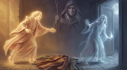 Split composition contrasting two moments. On the left, Saruman (as Curumo, a luminous spirit-form) steps forward eagerly, confidently, toward the mortal robes laid out before him. On the right…