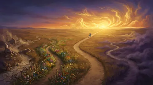 Wide landscape at dusk -- the western horizon glows with impossibly beautiful golden light, representing Valinor beyond the sea. Five paths lead toward that light across a vast plain. Four paths are…
