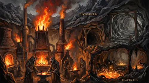 The industrial depths of Angband revealed in cross-section - massive blast furnaces roar with fire, their chimneys rising miles to Thangorodrim\'s peaks. Elven thralls labor in chains at the forges…