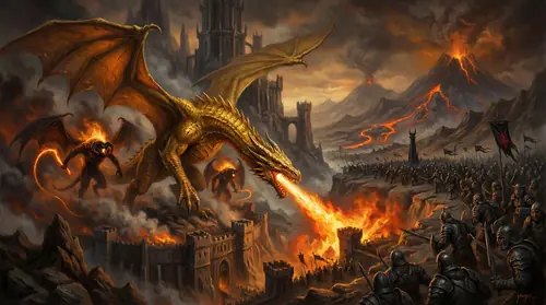 The Dagor Bragollach erupts from Angband\'s gates - Glaurung leads in his full golden might, mature and terrible. Balrogs stride behind him wreathed in flame and shadow, and beyond them come the black…