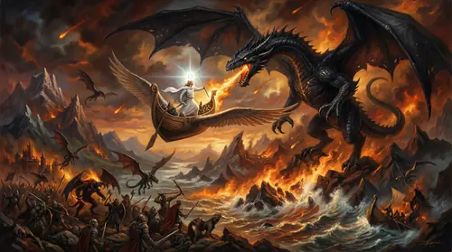 The War of Wrath rages across the sky - Earendil aboard Vingilot, the Silmaril blazing on his brow, battles Ancalagon the Black in aerial combat. The greatest winged dragon bred as Morgoth\'s ultimate…
