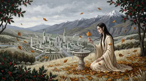 Painterly autumn scene in a Noldor garden in Eregion. An elf in pale robes kneels among bronze-and-gold leaves, holding a single perfect leaf between his fingertips, gaze grieving — unwilling to let…