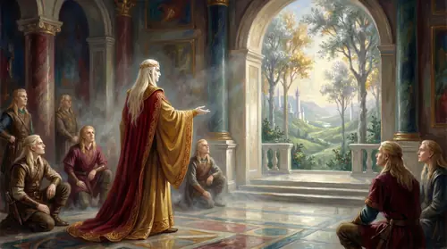Annatar speaking before a gathered circle of seated Noldor smiths in a marble hall, one arm gracefully extended toward an open balcony. Through the balcony, a vision shimmers: the green hills of…