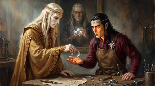 Annatar standing beside Celebrimbor at the bench, leaning in close, placing a small object — a coiled silver wire of an unfamiliar grade — into the smith\'s open palm. Celebrimbor stares at the gift…
