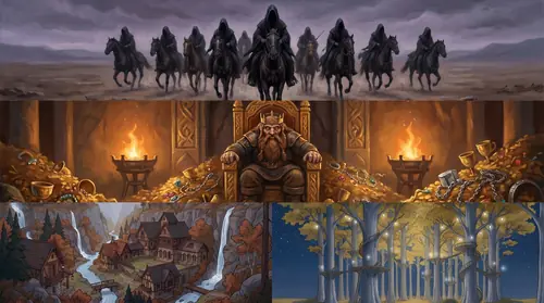 Three-band composition. Top band: the Nine Nazgûl, hooded black riders galloping across a wasteland under a bruised sky. Middle band: a dwarf-king on a throne of gold in the heart of a mountain, eyes…