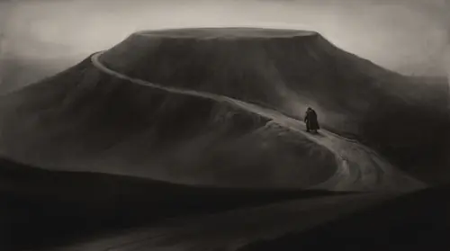 The bare summit of the Meneltarma, dead centre and frontal, with nothing whatever on it: a wide flat hollow of grey rock across the middle of the frame, the sky above one unbroken pale field, the…