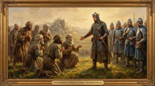 King Elessar stands before a group of kneeling Easterling and Southron prisoners on the fields before Minas Tirith. Instead of drawing his sword, he extends his hand in pardon. The prisoners\'…