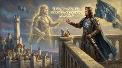 King Elessar speaks Elendil\'s oath, his voice carrying across the silent city. Behind him, a vision of Elendil himself speaking the same words three thousand years ago shimmers ghostlike in the air…