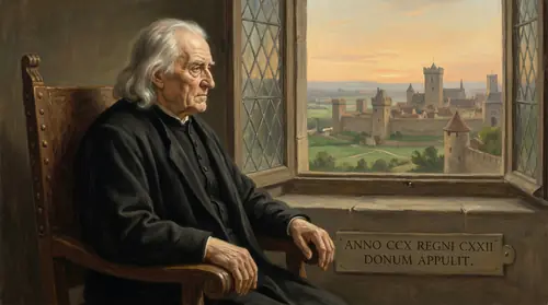 An aged but still noble Aragorn in the House of the Kings. His hair is white, his face deeply lined, but his eyes retain their clarity and wisdom. He wears simple robes rather than regalia. Through…
