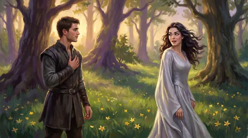 Continuing the same glade. Aragorn and Arwen now face each other across a few paces of soft grass and elanor-stars. He has just spoken — his lips parted, hand at his heart in courtly elven greeting…
