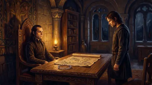 Interior of Elrond\'s chamber at night. Elrond sits in a high-backed carved chair, very still, lamplight on one side of his face. Aragorn stands before him, head respectfully bowed but his shoulders…