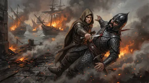 The fight on the burning quay. The Captain of the Corsairs — tall, black-bearded, in dark scaled armor and a high black helm — meets Thorongil sword to sword. The Captain is mid-fall, Thorongil\'s…