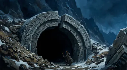 The East-gate of Moria from the wild Dimrill side. A vast broken stone archway carved with weathered Khuzdul runes, half buried in scree, opening into utter blackness. A single small figure —…