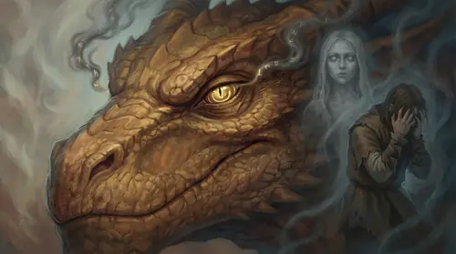 Glaurung the Deceiver in close-up: eye hypnotic, expression cunning rather than savage. Background shows faint images of victims - Nienor with blank expression, Turin twisted by lies. Intelligence as…