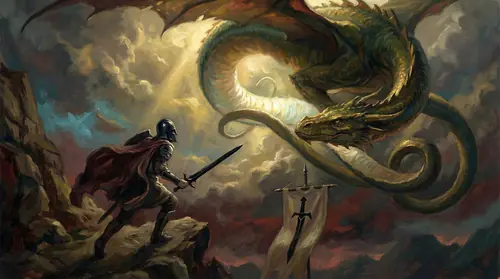Turin striking upward with Gurthang into Glaurung\'s exposed belly as dragon passes over him. Moment of exploiting weakness - mortal man finding fatal flaw. Heroic action frozen in time.