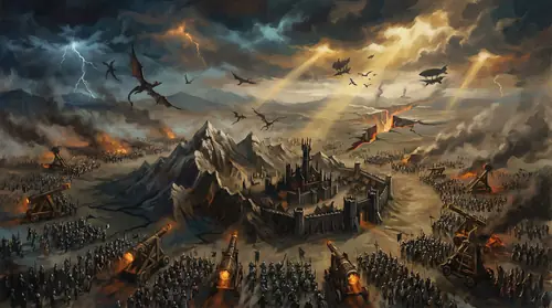 Epic aerial view of War of Wrath: vast armies of Valar laying siege to Angband. Forty years of war compressed into single image. Scale is apocalyptic. Massive armies stretching to horizon.