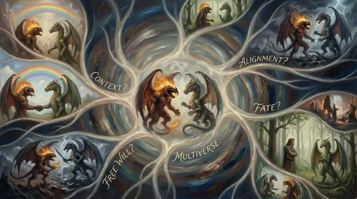 Central question visualized: Balrog and Dragon facing each other, but scene splits into multiple possible outcomes. No single answer - depends on context. Branching reality illustration.
