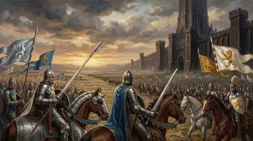 The vast army of the Last Alliance arrayed before the walls of Barad-dur on the plain of Dagorlad. Gil-galad stands at the fore bearing the spear Aeglos, Elendil beside him with Narsil drawn. Behind…