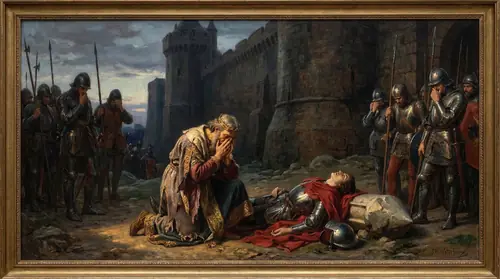 The death of Anarion beneath the walls of Barad-dur. A massive stone projectile has struck the prince of Gondor, his body crumpled at the base of the wall he was trying to breach. Elendil, aged and…