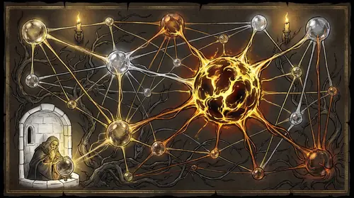 The palantir network visualized as a web of seeing-stones connected by lines of light, with Sauron\'s stone at the center dominating all others. The captured palantir of Minas Ithil glows with dark…