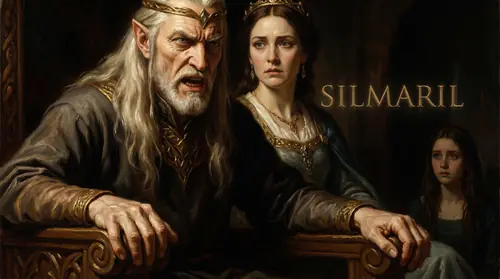Close-up of Thingol\'s face, ancient rage barely contained, as he pronounces his impossible demand. His hand grips his throne\'s arm, knuckles white. Behind him, Melian\'s expression shows she…