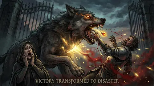 The terrible moment: Carcharoth\'s jaws close around Beren\'s hand, severing it at the wrist. The Silmaril vanishes into the wolf\'s gullet, blazing even as it descends. Beren falls back in agony…