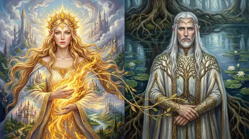 Dual portrait. Galadriel radiates power and ambition - light spills from her like contained fire, her bearing regal and commanding. Behind her, visions of realms she might rule shimmer in…