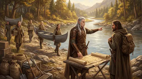Celeborn stands at the river\'s edge, directing elves who carry elegant grey boats toward the water. He gestures along the Anduin, explaining the route to Aragorn, pointing out dangers with the…