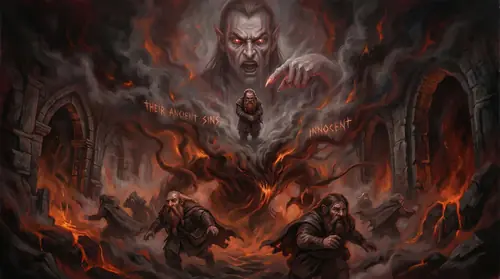 A vision of Moria\'s depths - the Balrog emerging from shadow and flame while dwarves flee in terror, not conquerors but victims. Above this scene, Celeborn\'s face, contorted with anger that has no…