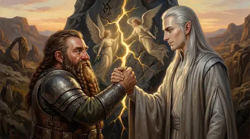 Gimli and Celeborn stand facing each other, no longer as enemies. The dwarf\'s eyes are wet with unexpected emotion; the elf lord\'s ancient hostility has softened into something approaching respect…