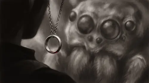 Extreme close on the Ring on its chain, swung out free at the edge of a hobbit\'s collar in the near-dark - and beyond it, soft and enormous and filling the rest of the frame, the clustered eyes of…