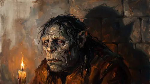 Close on an orc\'s face lit from one side by a low candle: the grotesque features are unmistakable, yet in the eyes and the set of the mouth a trace of something once fair surfaces — the ghost of the…
