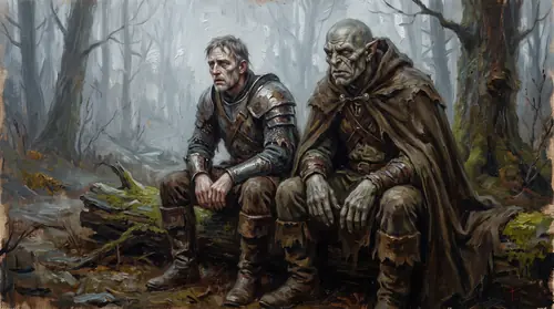 An orc and a human soldier share the frame in the same cold light — set side by side at the same weary scale, one grotesque and one ordinary, and the resemblance in their spent, frightened faces is…