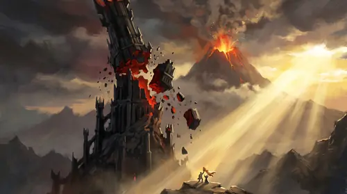 The episode\'s widest, brightest breath: the towers of Barad-dûr buckling and falling as Mount Doom erupts, and clean gold dawn-light breaking across the freed land of Mordor from the east — the whole…