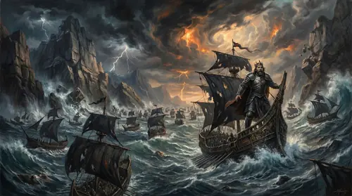 The Great Armament of Numenor - thousands of ships with black sails approaching the forbidden shores of Valinor. The sky darkens as Iluvatar\'s wrath manifests - hills collapse upon the fleet, waves…