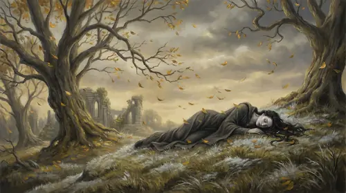 Cerin Amroth in late autumn - the mallorn trees shedding golden leaves that fall like tears around Arwen\'s solitary figure. She lies upon the hill where she and Aragorn once pledged their love, eyes…