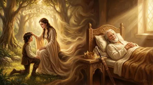 Young Aragorn as Estel in Rivendell, his mother Gilraen naming him with hope - then dissolving to aged Aragorn on his deathbed, choosing his ending with dignity. His crown rests beside him, his sword…