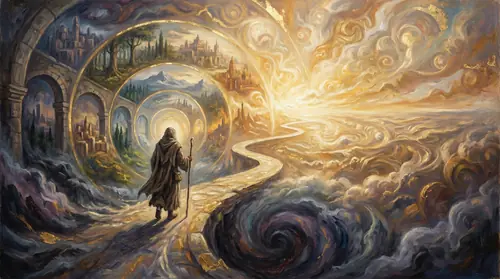 A figure walks through a symbolic death - passing through shadows and emerging into boundless light beyond. The circles of the world visible behind, the infinite expanse ahead. Not escape but…