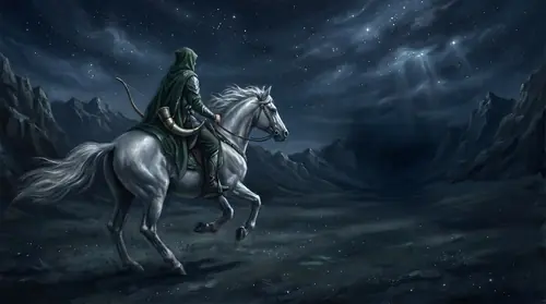 Orome the Huntsman mounted on his great silver stallion Nahar, riding through a primordial starlit wilderness - vast untrodden plains under a pre-sun sky lit only by the stars of Varda. He is a…