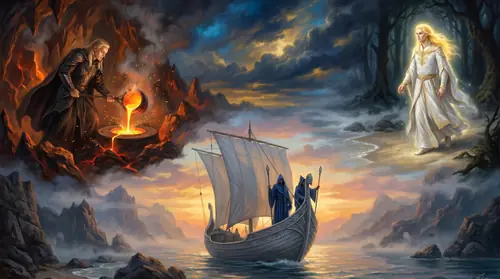 A dramatic split composition showing three simultaneous events in the Second Age: upper left - Sauron in fair Annatar form in the fires of Orodruin pouring molten gold that becomes the One Ring…