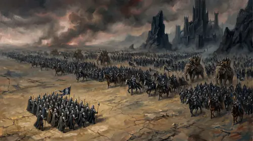 A high overhead view of the Black Gate of Mordor on the day of battle - a small neat square formation of six thousand Gondorian and Rohirrim troops in the foreground, their banners of the White Tree…