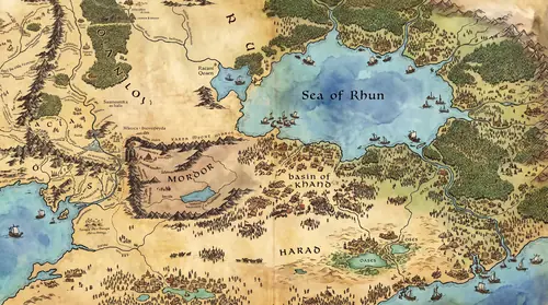 A wide-angle map-style illustration of the eastern and southern regions of Middle- earth - Rhun stretching to the horizon as an immense sea and surrounding lands, Khand as a great basin south of…