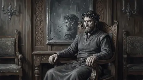 Thingol alone in a private chamber beyond the throne, one hand closed hard over the armrest of a smaller chair, jaw set, gazing into the middle distance. Behind him a silver mirror reflects his face…