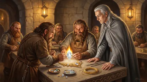 Dwarven smiths of Nogrod — stocky bearded figures in leather aprons — work in a treasury within Menegroth, setting a burning silver-white silmaril into the heart of the golden Nauglamir. Thingol…