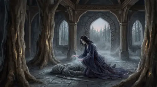 Menegroth\'s main hall after the murder: Melian stands alone over Thingol\'s fallen body on the stone floor, her face stricken. Her physical form is beginning to dissolve — edges of her indigo robes…