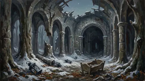Wide elegiac shot of ruined Menegroth in the aftermath: stone beech-pillars cracked, gold lanterns fallen and dark, empty halls filling with drifting snow and dead leaves, a lone abandoned cradle in…
